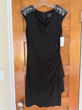 NWT Alex Evenings Black Embellished Shoulder Cowl Neck Midi Dress